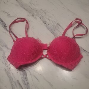 Victoria’s Secret 34A Lace Push-Up Bra Hot Pink Rhinestone Straps